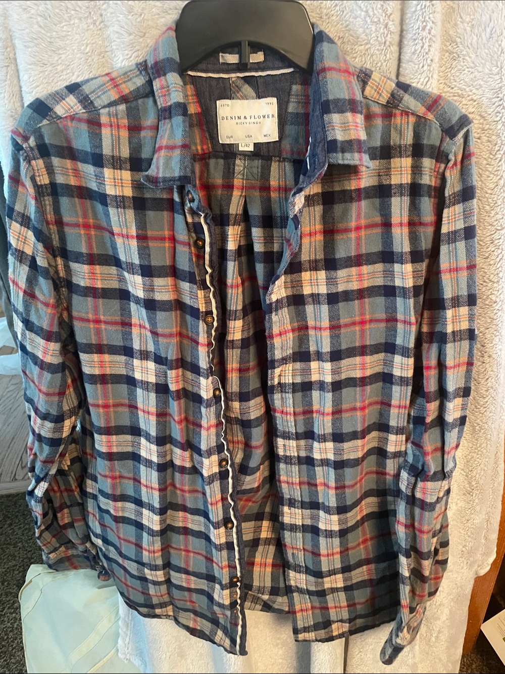 Denim & Flower Plaid Button-Down Shirt in Blue, Red, Cream